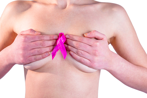 Nude Woman With Breast Cancer Ribbon On White Background