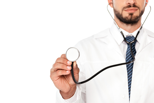 유토이미지 Cropped view of doctor holding stethoscope isolated on white