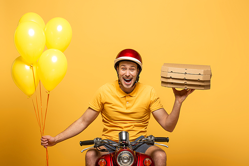 Happy Delivery Man In Yellow Uniform Riding Scooter With Pizza