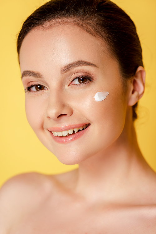 Smiling Naked Beautiful Woman With Cosmetic Cream On Face