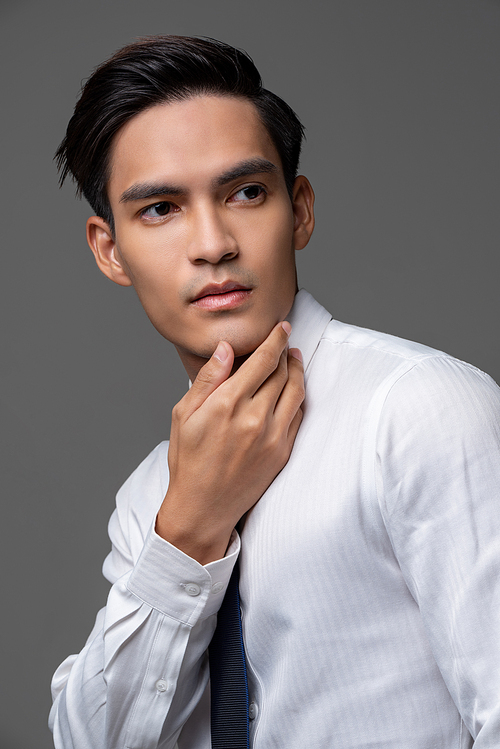 Portrait of smart handsome Asian man in corporate wear touching face in light gray isolated studio background