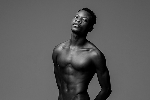 Waist up studio shot portrait of shirtless young lean fit African man in black and white