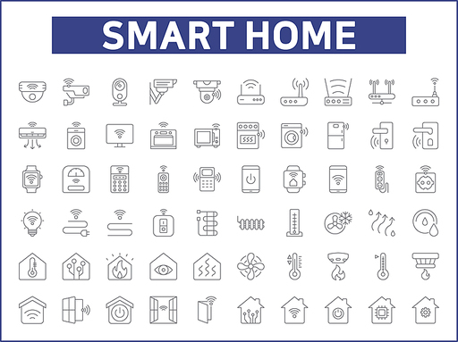 Simple Set of smart home Related Vector Line Icons. Vector collection of house, hub, door lock, sensor, control, smart watch, lighting, devices, washing machine and design elements symbols