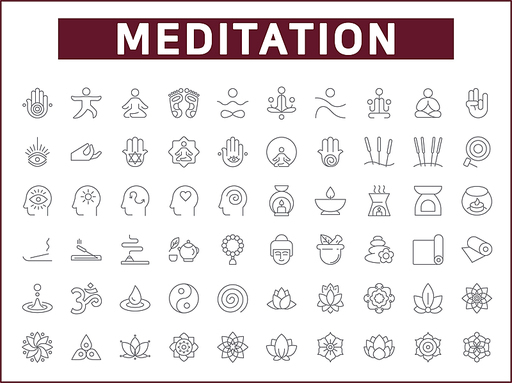 Simple Set of meditation Related Vector Line Icons. Vector collection of lotus, relaxation, wellness, zen, meditate, mind, asana and design elements symbols or logo element.