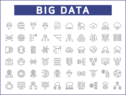 Simple Set of big data Related Vector Line Icons. Vector collection of database, network, processing, analytics, search, mining, filter, flow, cloud and design elements symbols or logo elements