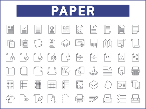 Simple Set of paper Related Vector Line Icons. Contains such Icons as report, document, file, attachment, shredder, stationery, notes, paperclip and more.