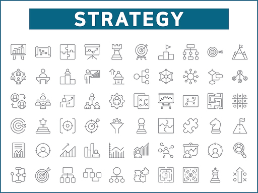 Simple Set of strategy Related Vector Line Icons. Contains such Icons as goals, success, logic, graphs, reports, business, growth, targets and more.