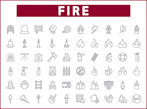 Simple Set of fire Related Vector Line Icons. Contains such Icons as candle, disaster, fireplace, firefighter, hydrant, safety, light symbols and more.