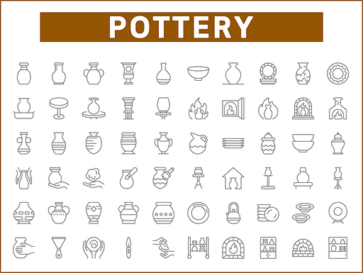 Simple Set of Pottery Related Vector Line Icons. Contains such Icons as Bowl, Plate, fireplace, ceramics, vase, clay, mug symbols and more.