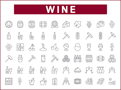 Simple Set of wine Related Vector Line Icons. Contains such Icons as drink, glass, alcohol, bottle, grape, leaf, barrel, vineyard linear symbols and more.
