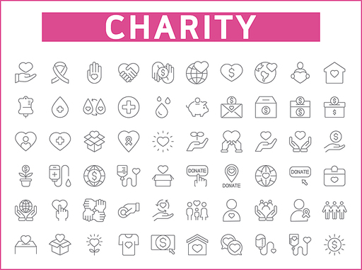 Set of Charity and Donation icons line style. It contains such Icons as blood, heart, save world, love, cross, ribbon, care, volunteer, fund, donor and other elements.