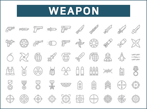 Set of weapon and Military icons line style. It contains such Icons as combat, gun, revolver, bullet, bomb, toxic, aim, knife, missile and other elements.