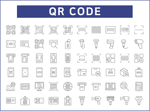 Set of QR code and scan icons line style. It contains such Icons as bar code, label, qr, tag, scanner, pay, digital and other elements.