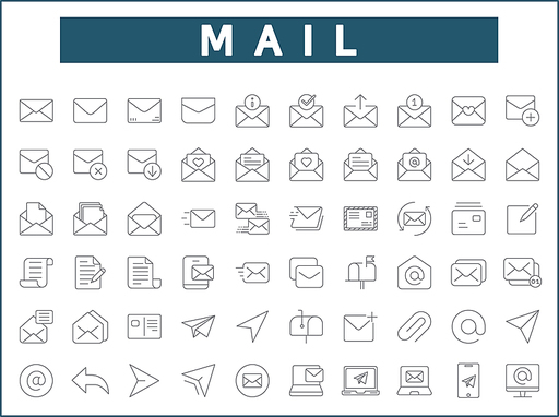 Set of mail and letter icons line style. It contains such Icons as Envelope, e-mail, Mailbox, essential, contact, newsletter, subscribe and other elements.