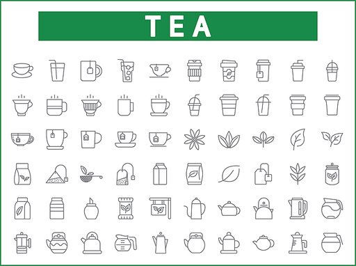 Set of tea and drink line style. It contains such as star anise, infusion bags, tea strainer, green tea, nature, herbal, rooibos and other elements.