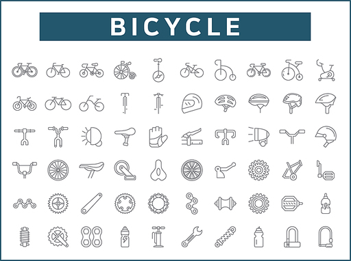 Set of bicycle and bike line style. It contains such as sport, bike part, biking, exercise, vehicles, components, Helmet and other elements.