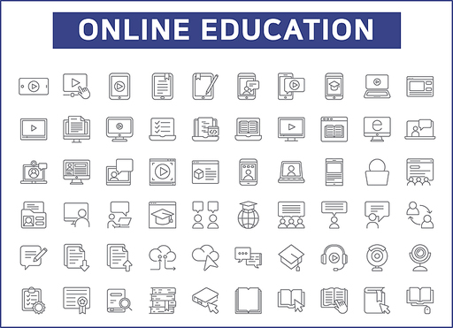 Set of online education and e-learning line style. It contains such as e-book, lessons, webinar, video, teaching, training, mobile, tutorial, computer and other elements.