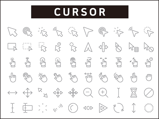 Set of cursors and selection line style. It contains such as pointer, click, mouse, arrows, icon, clock, interface, wireframe, computer and other elements.