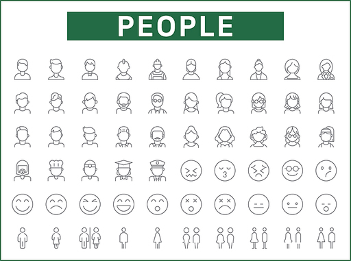 Set of 60 People and Avatar line style. Contains such icons as Character, men, women, emoji, face, uniform and other elements.