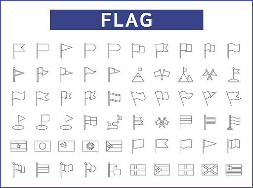 Set of 60 flag and mark line style. Contains such icons as marker, pointer, flagpole, label, pennant, sign and other elements