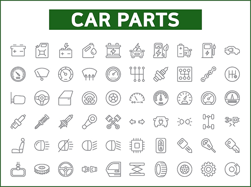 Set of 60 Car parts and car service line style. Contains such icons as speed meter, electric car, EV charging, station, energy, battery, oil, chain and other elements.