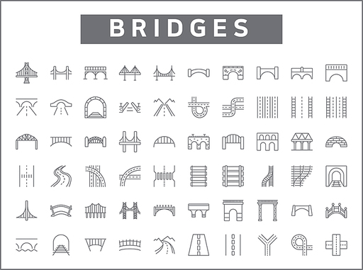 Set of 60 bridge and road line style. Contains such icons as street, way, path, track, route, navigation, tunnel, transport and other elements.