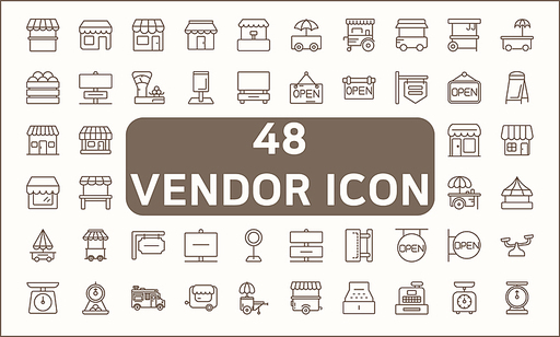 Set of 48 vendor and store line style. Contains such icons as shop, sign board, shopping, street food, vendor booth, food cart, market And Other Elements. customize color, easy resize.