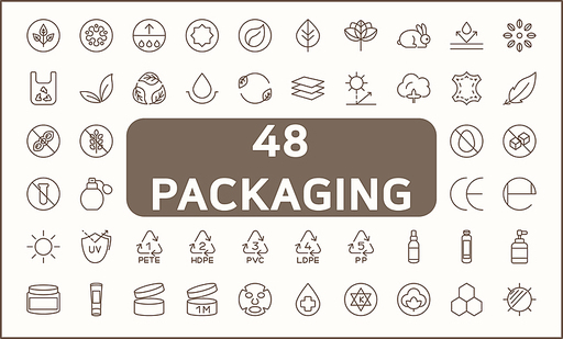 Set of packaging symbol and recycling line style. It contains such Icons as organic, halal, fresh, natural, vegan, zero waste, fabric and other elements. customize color, easy resize.