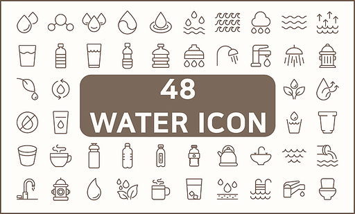Set of 48 water and drinks Icons line style. Contains such Icons as glasses, bathroom, faucet, shower, cup, kettle And Other Elements.