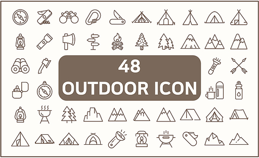 Set of 48 camping and outdoor Icons line style. Contains such Icons as hiking, mountain, tent, compass, knife, bonfire, fire, lamp, forest And Other Elements. customize color, easy resize.
