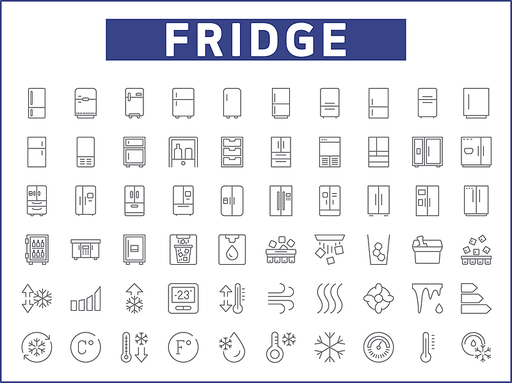 Set of fridge and refrigerator line style. Contains such Icons as household, appliances, double door fridge, side by side door fridge, ice, snowflake, kitchen, Celsius, Fahrenheit and more.