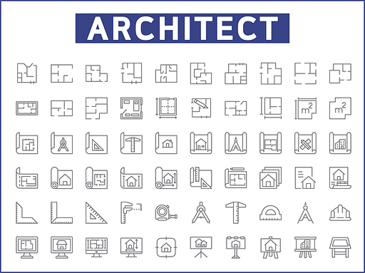 Set of architecture and construction icons line style. It contains such Icons as interior, real estate, building, house, plans, design, build, tool and other elements.