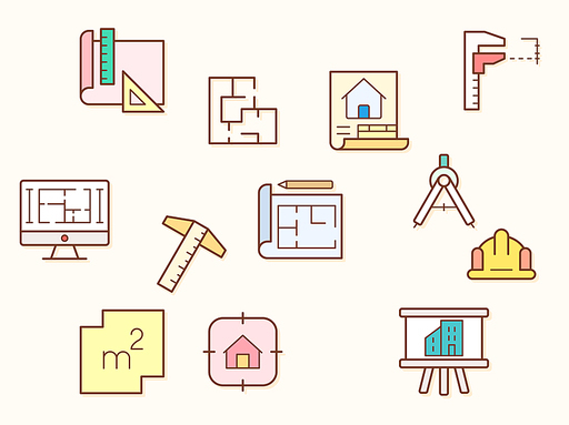 Vector illustration of a architecture and construction elements. Contains such as interior, real estate, building, house, plans, design, build, tool and more. Flat illustration style line drawing
