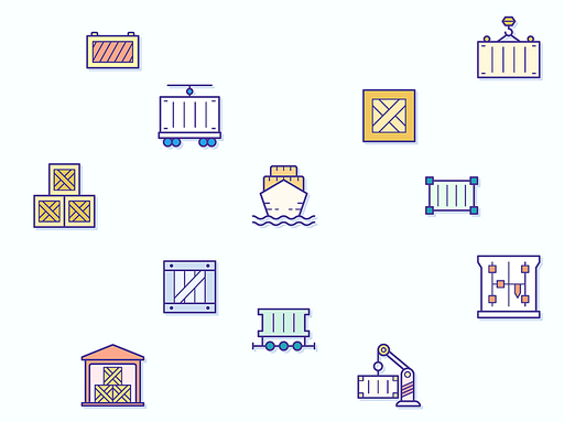 Set of box and container line style. It contains such as open box, package, wooden crate, cargo, logistics, port, packaging and other elements.