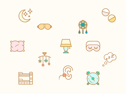 Vector illustration of a sleep elements. Contains such as insomnia, bed, time, zzz, moon, cloud, alarm, clock, pillows and more. Flat illustration style line drawing and background color beige.