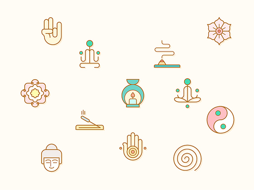 Vector illustration of a meditation elements. Contains such as lotus, relaxation, wellness, zen, meditate, mind and more. Flat illustration style line drawing and background color beige