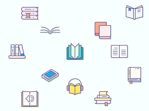 Vector illustration of a book and reading elements. Contains such as book stack, notes, study, library, education, open book and more. Flat illustration style line drawing