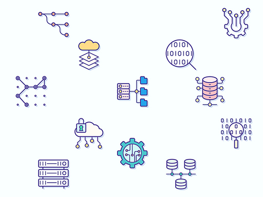 Vector illustration of a big data and database elements. Contains such as network, processing, analytics, search, mining, filter, flow, cloud and more. Flat illustration style line drawing