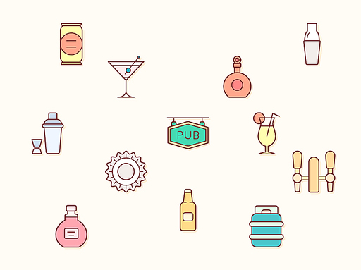 Vector illustration of a bar and pub elements. Contains such as alcohol, drink, cocktail, bar glass, bottle, beer, beverage, liquor and more. Flat illustration style line drawing.