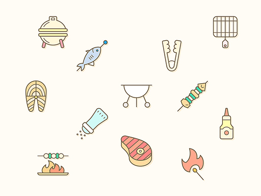 Vector illustration of a barbecue and Grill elements. Contains such as BBQ, picnic, camping, meat, steak, food, outdoor, hiking, sausages, beef and more.