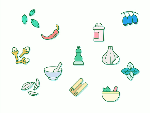 Vector illustration of a herbs and spices elements. Contains such as basil, parsley, rosemary, bay leaf, chili, onion, dill, cloves, garlic and more.