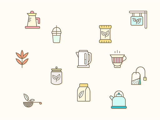 Vector illustration of a tea and drink elements. Contains such as star anise, infusion bags, tea strainer, green tea, nature, herbal, rooibos and more. Flat illustration style line drawing