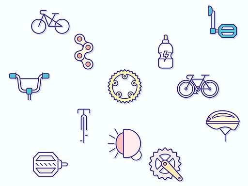 Vector illustration of a bicycle and bike elements. Contains such as sport, bike part, biking, exercise, vehicles, components, Helmet and more.