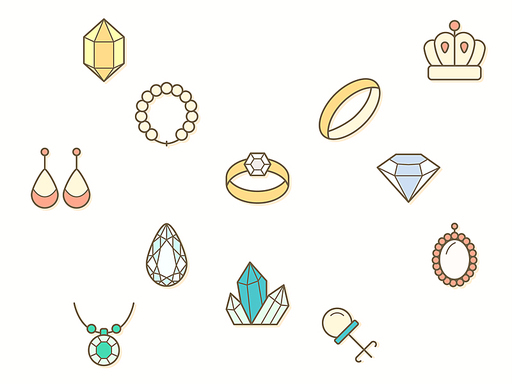 gem and jewelry element Vector illustration. gemstone, diamond, crystal, pear, ring, crown, Earring, Brooch and more. Flat illustration.