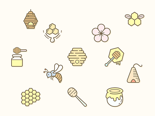 Bee and honey element Vector illustration. organic, sweet, natural, honey bee, fresh, apiary, beehive, honey jar, spoons, honeycombs and more. Flat illustration.