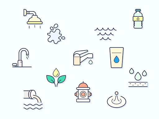 Vector illustration of a water and drinks elements. Contains such as bottle, glasses, bathroom, faucet, shower, hydrant, dew, Waterway, Waves, drop and more. Flat illustration