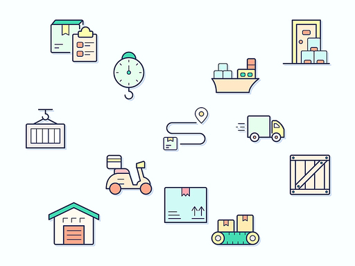 Vector illustration of a logistics and Delivery elements. Contains such as conveyor belt, Motorcycle, Warehouse, Container, Box, Shipping, freight forwarding, ship and more. Flat illustration
