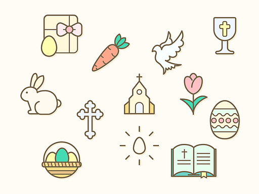 Vector illustration of a easter and church elements. Contains such as eggs, religion, bunny, gifts, spring, rabbit, celebration, decoration and more. Flat illustration style line drawing and backgroun