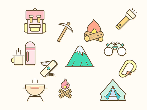 Vector illustration of a camping and outdoor elements. Contains such as mountain, tent, compass, fire, lamp, hiking and more. Flat illustration style line drawing and background color beige.