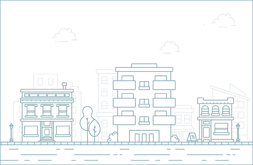 Thin line City landscape. Downtown landscape with high skyscrapers. architecture City landscape template. buildings and store, shop Isolated outline illustration